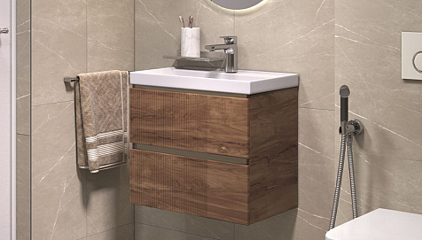 Тумба-умывальник подвесная Velvex Mondi 600-0-2, акация темная, с раковиной Classica Slim 60 купить в СОМ