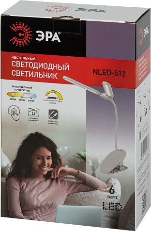 Светильник настольный аккумуляторный светодиод. Эра NLED-512 6Вт прищепка белый купить в СОМ